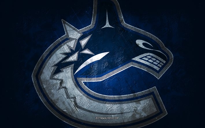Vancouver Canucks, &#233;quipe canadienne de hockey, fond de pierre bleue, logo des Canucks de Vancouver, art grunge, LNH, hockey, Canada, USA, embl&#232;me des Canucks de Vancouver