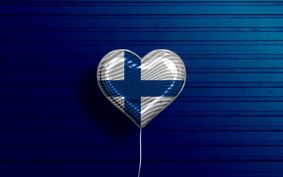 Rakastan Suomea, 4k, realistiset ilmapallot, sininen puinen tausta, Suomen lipun syd&#228;n, Eurooppa, suosikki maat, Suomen lippu, ilmapallo lipulla, Suomi