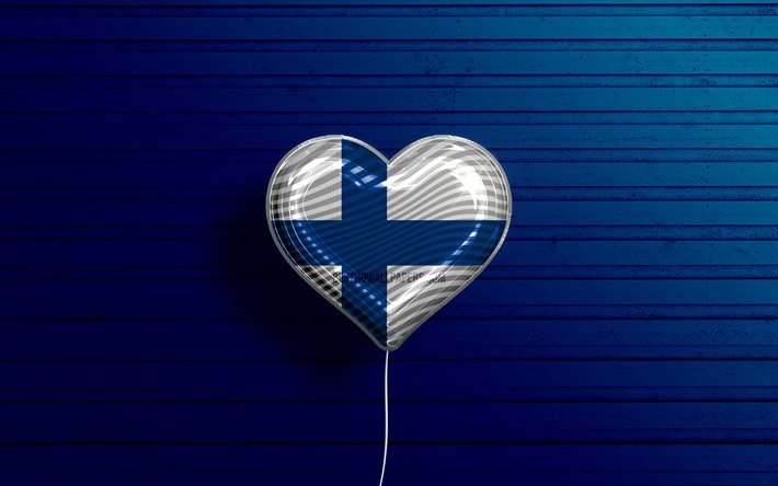 フィンランドが大好き, 4k, リアルな風船, 青い木の背景, フィンランドの国旗のハート, ヨーロッパ, 好きな国, フィンランドの旗, フラグ付きバルーン, フィンランド