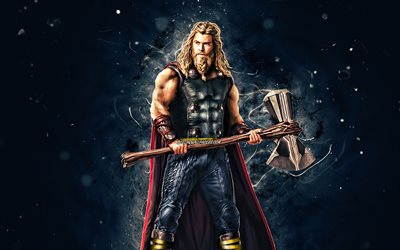 Thor, 4k, n&#233;ons bleus, super-h&#233;ros, Marvel Comics, Chris Hemsworth, Thor 4K