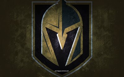 Vegas Golden Knights, American hockey team, gold stone background, Vegas Golden Knights logo, grunge art, NHL, hockey, USA, Vegas Golden Knights emblem