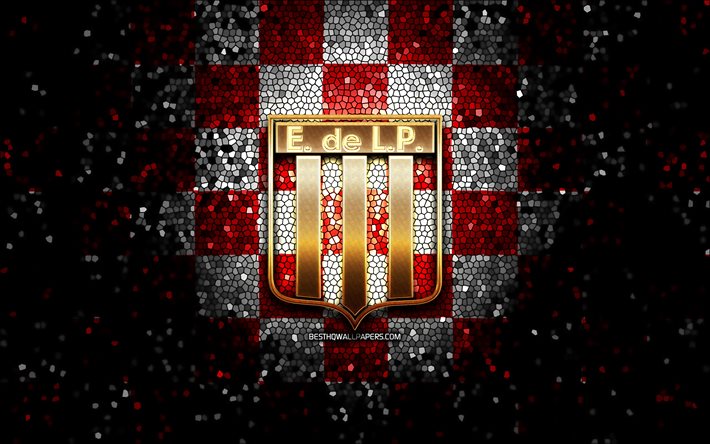 Estudiantes FC, glitter logo, Argentine Primera Division, red white checkered background, soccer, argentinian football club, Estudiantes de La Plata logo, mosaic art, football, Club Estudiantes de La Plata