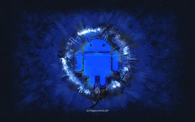 Android-logotyp, grungekonst, bl&#229; stenbakgrund, Android-bl&#229; logotyp, Android, kreativ konst, bl&#229; Android-grungelogotyp