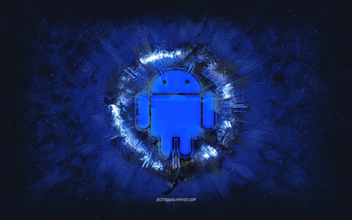 Logo Android, arte grunge, sfondo blu pietra, logo Android, logo blu Android, Android, arte creativa, logo grunge blu Android
