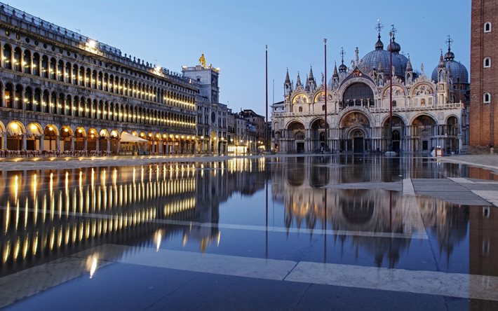 St Marks Basilica, Venice, St Mark's Square, evening, sunset, Piazza San Marco, landmark, Venice cityscape, Italy