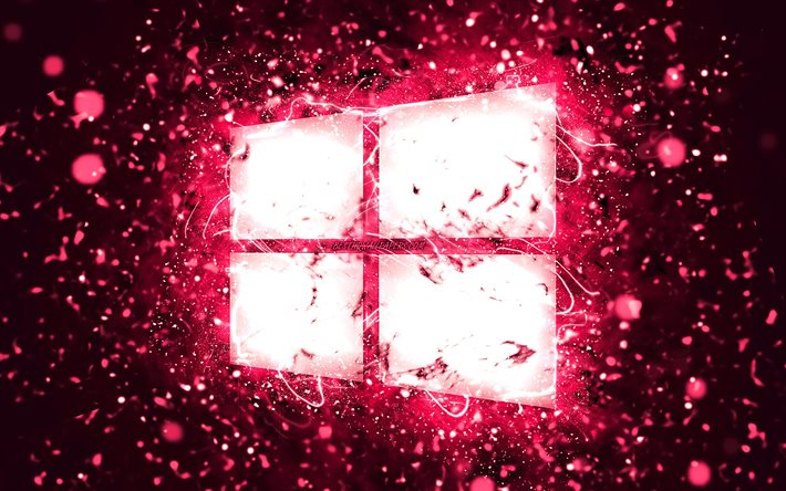 Windows 10 vaaleanpunainen logo, 4k, vaaleanpunaiset neonvalot, luova, vaaleanpunainen abstrakti tausta, Windows 10-logo, k&#228;ytt&#246;j&#228;rjestelm&#228;, Windows 10