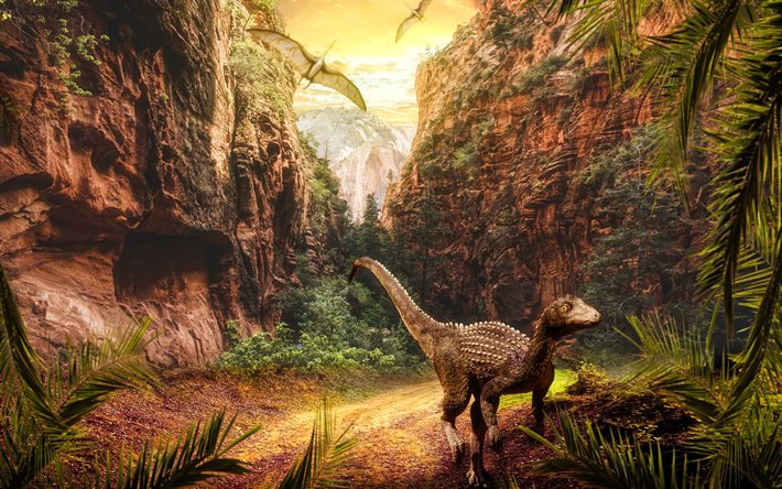 dinosaurs, 3D art, valley, wildlife, monsters, cliffs, rocks, angry dinosaur