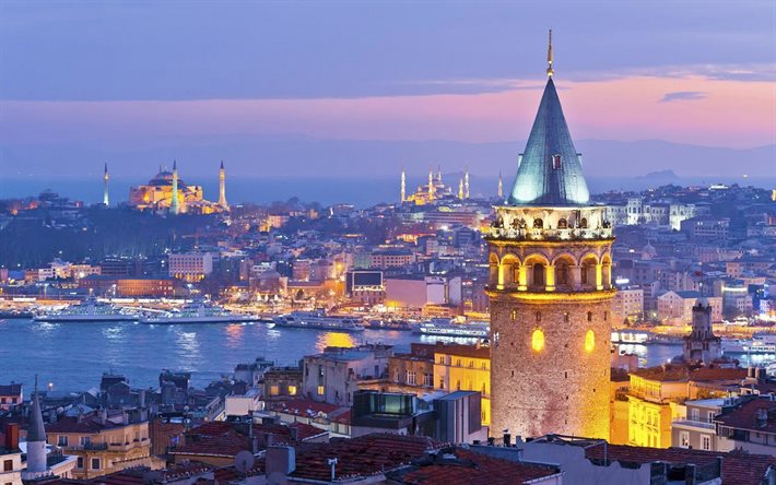 Galata Tower, Bosporen, Istanbul, kväll, solnedgång, fartyg, Istanbul stadsbild, Istanbul panorama, Turkiet