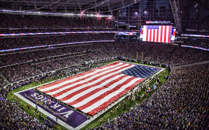 US Bank Stadium, Yhdysvaltain lippu stadionilla, USA: n lippu, Minnesota Vikings Stadium, NFL, Amerikkalainen jalkapallo, Amerikan lippu, USA, Minnesota Vikings, Minnesota