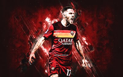 Jordan Veretout, AS Roma, French footballer, portrait, red stone background, football