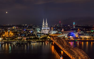 Cologne Cathedral, Cathedral Church of Saint Peter, Hohenzollernbrucke, Cologne, night, Hohenzollern Bridge, Rhine, Cologne night panorama, Cologne cityscape, North Rhine-Westphalia, Germany