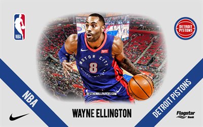 Wayne Ellington, Detroit Pistons, American Basketball Player, NBA, portrait, USA, basketball, Little Caesars Arena, Detroit Pistons logo