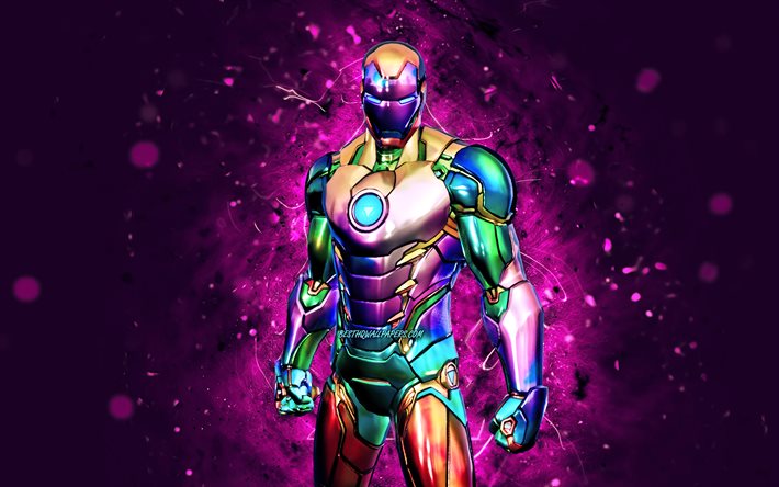 Holo Foil Iron Man, 4k, luci al neon viola, giochi 2021, Fortnite Battle Royale, personaggi Fortnite, Holo Foil Iron Man Skin, Fortnite, Holo Foil Iron Man Fortnite