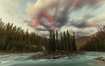 mountain river, sunset, evening, forest, river, orange clouds, Canada