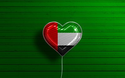 I Love United Arab Emirates, 4k, realistic balloons, green wooden background, Asian countries, favorite countries, flag of United Arab Emirates, UAE flag, United Arab Emirates
