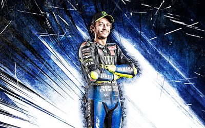 4k, Valentino Rossi, art grunge, Monster Energy Yamaha MotoGP, coureur de moto italien, MotoGP, rayons abstraits bleus, Championnat du monde MotoGP, Valentino Rossi 4K