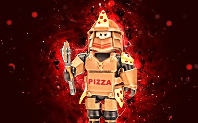 Uskollinen Pizza Warrior, 4K, punaiset neonvalot, Roblox, fanitaide, Roblox-hahmot, Uskollinen Pizza Warrior Roblox