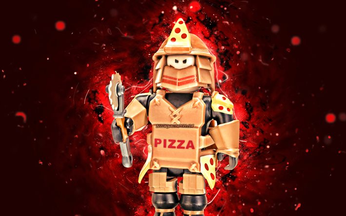Guerriero della pizza leale, 4K, luci al neon rosse, Roblox, fan art, personaggi Roblox, Guerriero della pizza leale Roblox