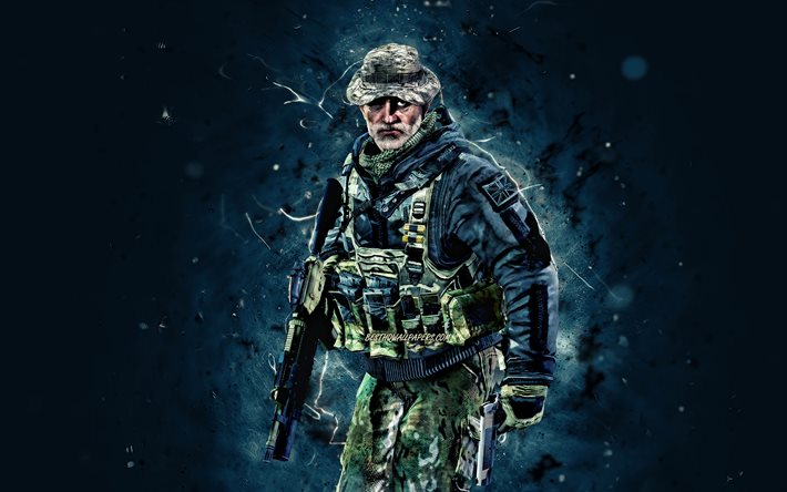 Captain Price, 4k, blue neon lights, Call of Duty, soldiers, Call Of Duty characters, Call of Duty Modern Warfare, Captain Price Call Of Duty