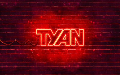 Tyan red logo, 4k, red brickwall, Tyan logo, brands, Tyan neon logo, Tyan