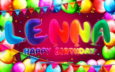 joyeux anniversaire lenna, 4k, cadre de ballon color&#233;, nom lenna, fond violet, lenna joyeux anniversaire, anniversaire lenna, noms f&#233;minins allemands populaires, concept d’anniversaire, lenna