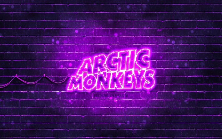 Arctic Monkeys violet logo, 4k, british rock band, music stars, violet brickwall, Arctic Monkeys logo, Arctic Monkeys neon logo, Arctic Monkeys