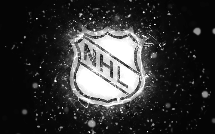 logotipo branco da nhl, 4k, luzes brancas de neon, national hockey league, fundo abstrato preto, logotipo da nhl, marcas de carros, nhl