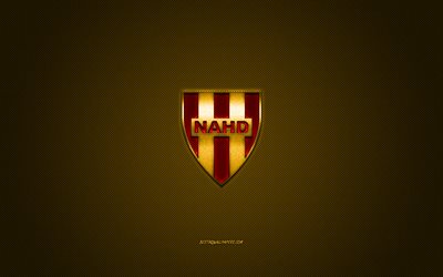 NA Hussein Dey, Algerian football club, red logo, yellow carbon fiber background, Ligue Professionnelle 1, football, Hussein Dey, Algeria, NA Hussein Dey logo
