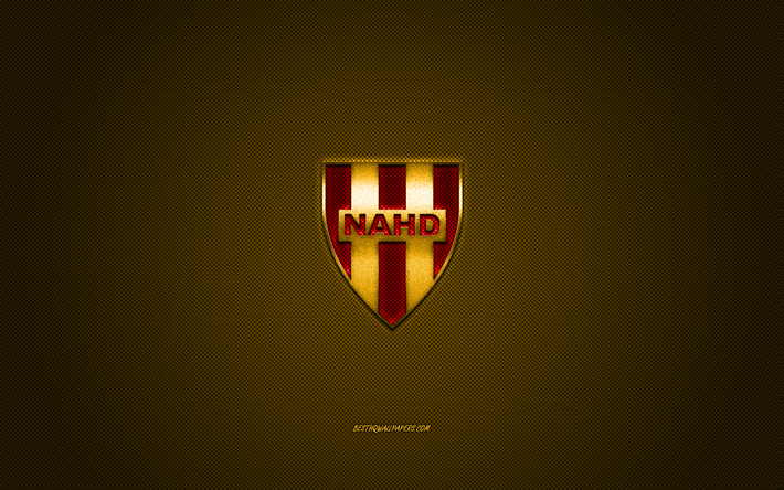 NA Hussein Dey, Algerian football club, red logo, yellow carbon fiber background, Ligue Professionnelle 1, football, Hussein Dey, Algeria, NA Hussein Dey logo