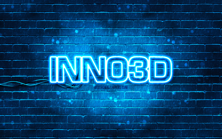 logotipo azul inno3d, 4k, parede de tijolos azuis, logotipo inno3d, marcas, logotipo neon inno3d, inno3d