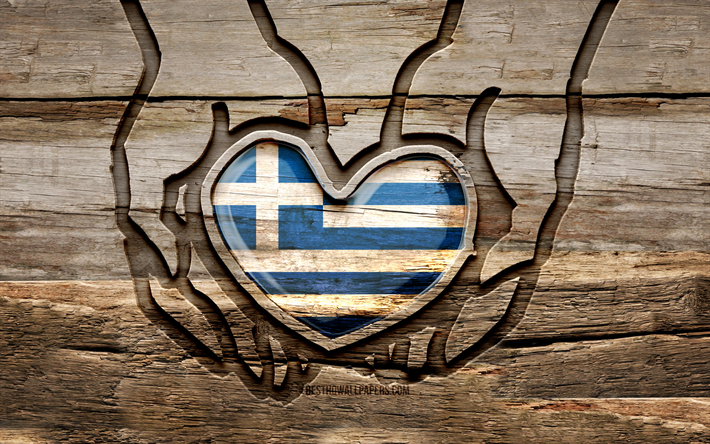 I love Greece, 4K, wooden carving hands, Day of Greece, Flag of Greece, creative, Greece flag, Greek flag, Greece flag in hand, Take care Greece, wood carving, Europe, Greece
