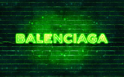 Balenciaga green logo, 4k, green brickwall, Balenciaga logo, brands, Balenciaga neon logo, Balenciaga