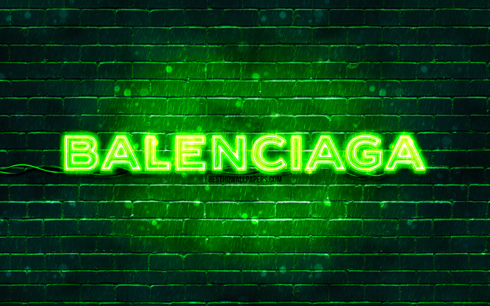 バレンシアガグリーンロゴ, 4k, 緑のレンガ壁, バレンシアガのロゴ, ブランド, バレンシアガネオンのロゴ, バレンシアガ