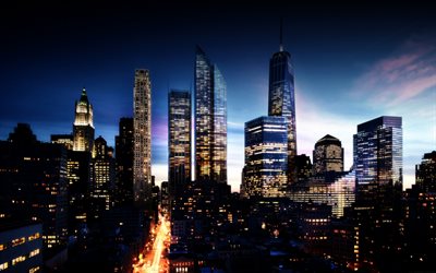 New York, skyscrapers, evening, sunset, World Trade Center 1, New York cityscape, New York evening, USA