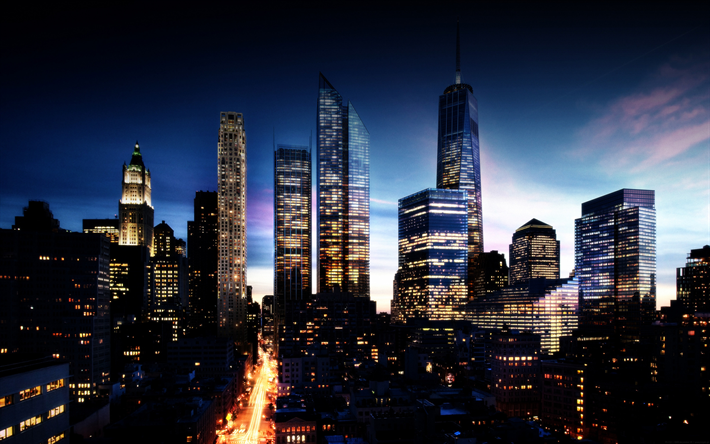 new york, skyskrapor, kv&#228;ll, solnedg&#229;ng, world trade center 1, new york cityscape, new york kv&#228;ll, usa