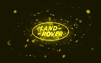 logo land rover giallo, 4k, luci al neon gialle, creativo, sfondo astratto giallo, logo land rover, marchi automobilistici, land rover