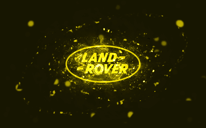 Land Rover yellow logo, 4k, yellow neon lights, creative, yellow abstract background, Land Rover logo, cars brands, Land Rover