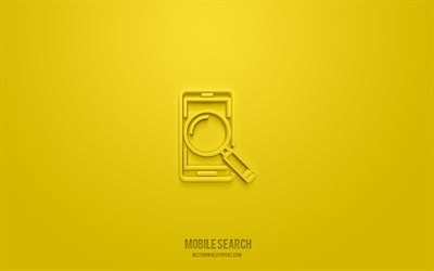 ic&#244;ne mobile search 3d, fond jaune, symboles 3d, recherche mobile, ic&#244;nes seo, ic&#244;nes 3d, signe de recherche mobile, ic&#244;nes seo 3d