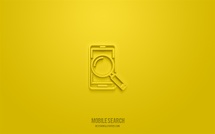 mobile search icona 3d, sfondo giallo, simboli 3d, mobile search, icone seo, icone 3d, mobile search sign, seo 3d icons