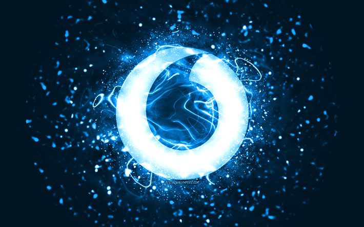 ボーダフォンブルーロゴ, 4k, 青いネオンライト, 創造的な, 青い抽象的な背景, ボーダフォンのロゴ, ブランド, ボーダフォン
