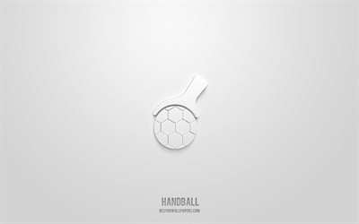 رمز كرة اليد ثلاثي الأبعاد, خلفية بيضاء, رموز ثلاثية الأبعاد, كرة اليد, رموز الرياضة, الرموز ثلاثية الأبعاد, علامة كرة اليد, الرياضة الرموز 3d