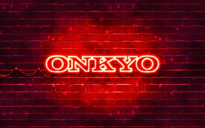onkyo kırmızı logo, 4k, kırmızı tuğla duvar, onkyo logosu, markalar, onkyo neon logosu, onkyo
