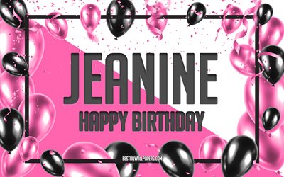 ハッピーバースデー ジャニーン, 誕生日バルーン背景, ジャニーン, 名前の壁紙, ジャニーン ハッピーバースデー, ピンク風船誕生日の背景, グリーティングカード, ジャニーンの誕生日