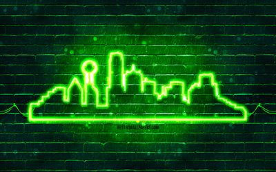 dallas yeşil neon siluet, 4k, yeşil neon ışıklar, dallas sil&#252;et siluet, yeşil tuğla duvar, amerikan şehirleri, neon sil&#252;et siluetleri, abd, dallas siluet, dallas