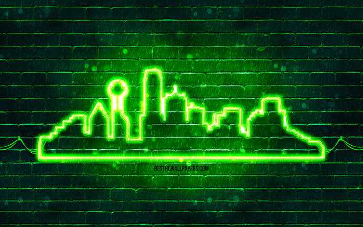 dallas verde neon silhueta, 4k, luzes verdes neon, silhueta do horizonte de dallas, parede de tijolos verdes, cidades americanas, silhuetas de horizonte neon, eua, silhueta dallas, dallas