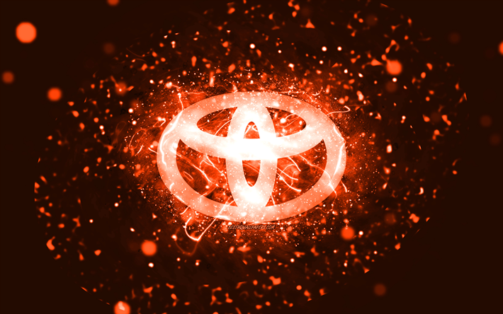 Toyota orange logo, 4k, orange neon lights, creative, orange abstract background, Toyota logo, cars brands, Toyota