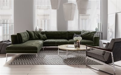 design de interiores elegante, sala de estar, sof&#225; verde grande, ideia para uma sala de estar, interior moderno, estilo interior moderno