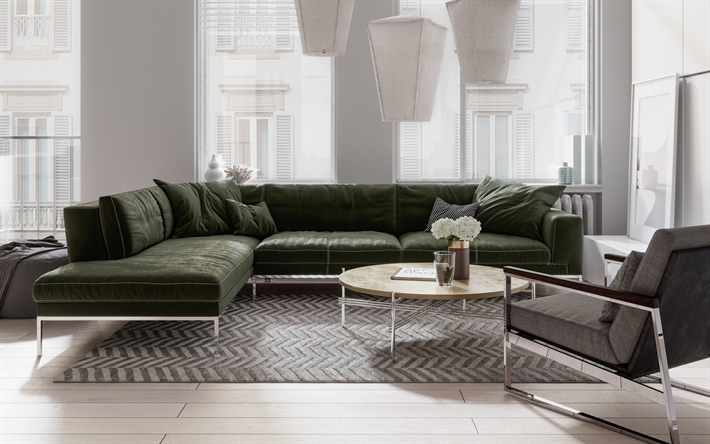 design d&#39;interni elegante, soggiorno, grande divano verde, idea per un soggiorno, interni moderni, stile interno moderno