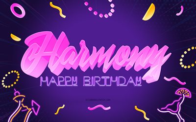 Happy Birthday Harmony, 4k, Purple Party Background, Harmony, creative art, Happy Harmony birthday, Harmony name, Harmony Birthday, Birthday Party Background