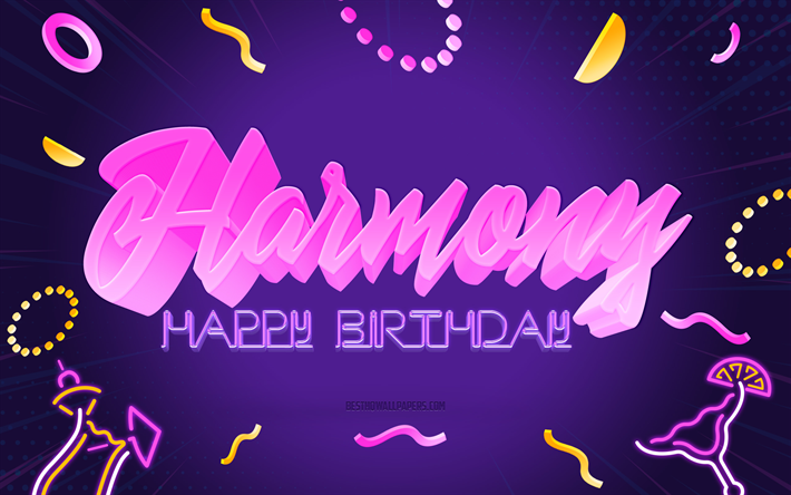 ハッピーバースデーハーモニー, 4k, 紫パーティーの背景, 調和, クリエイティブアート, ハッピーハーモニー誕生日, ハーモニー名, ハーモニー誕生日, 誕生日パーティーの背景